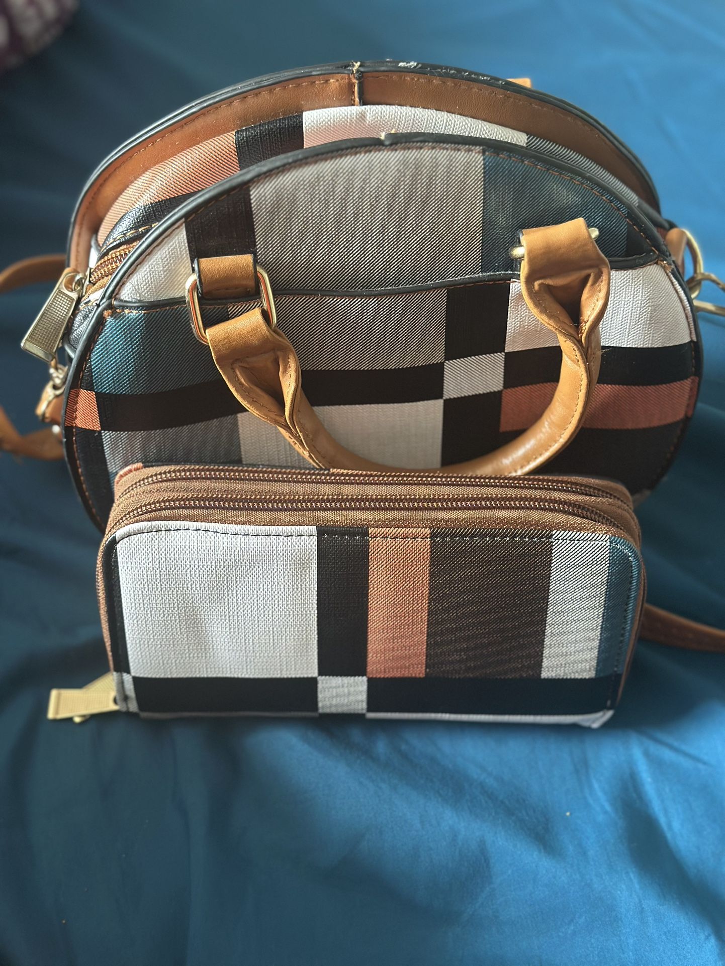 Brown Plaid Purse +wallet