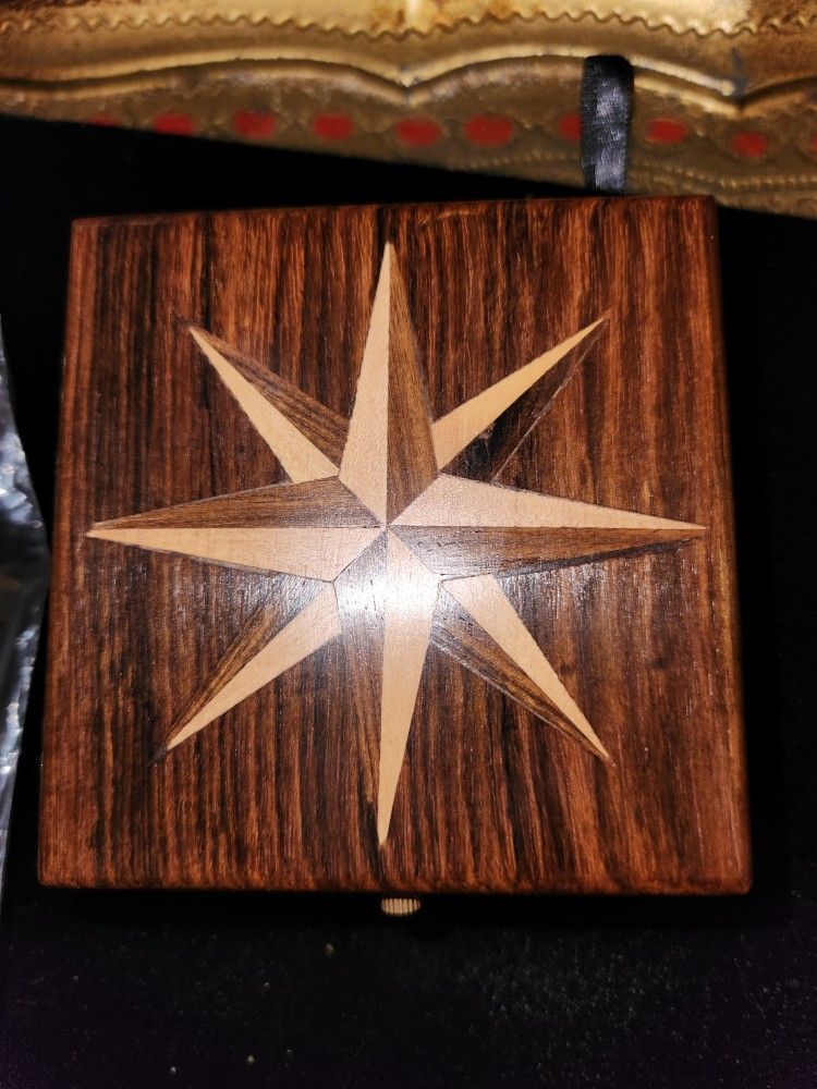 Compass And Clock Nautical In Wood Inlaid Box