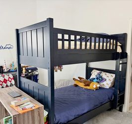 Navy Blue Twin Over Twin Bunk Beds With Serta Thick Foam Mattresses