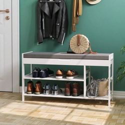 Bamboo Shoe Bench Rack With Storage, Entryway Storage Bench With Padded Seat, Shoe Oiganizer Shelf For Entryway Mudroom Bathroom Hallway, Natural