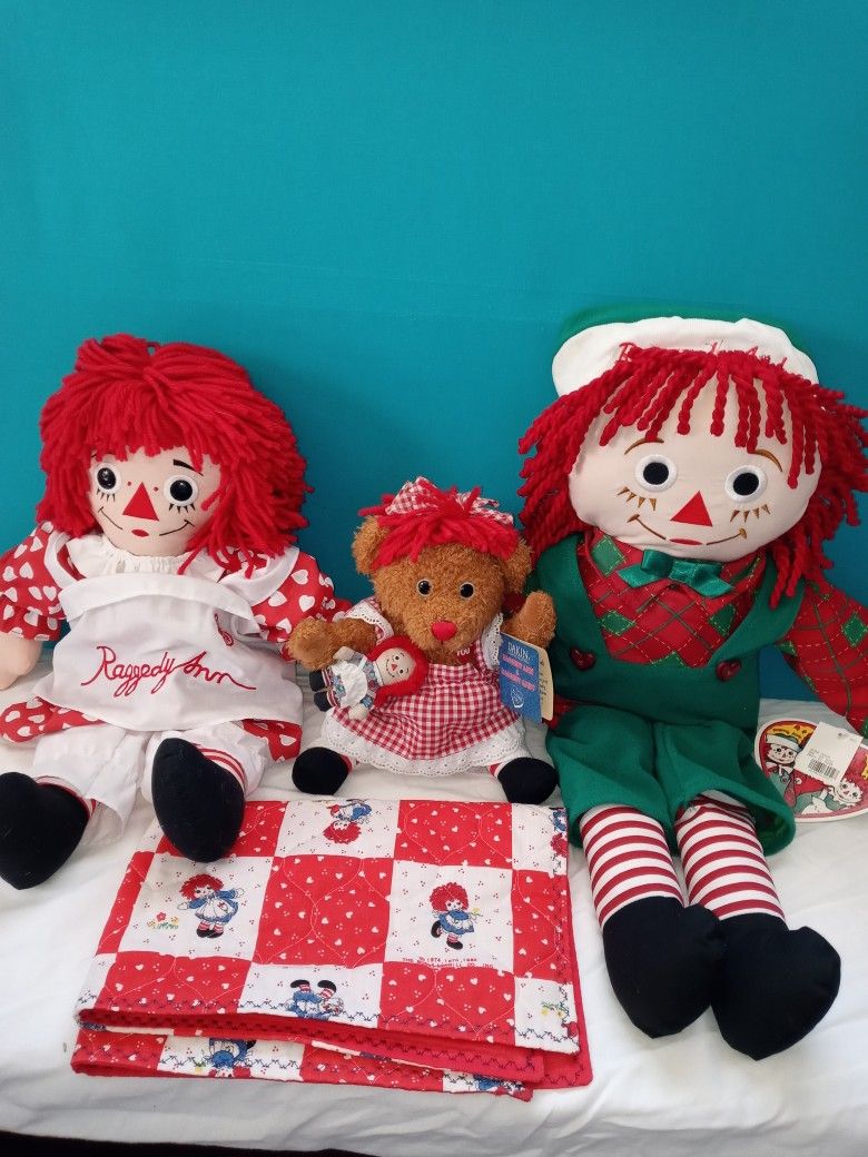 Vintage Raggedy Ann doll, Raggedy Andy Doll,  DAKIN Teddy Bear w/a Miniature Raggedy Doll & blanket