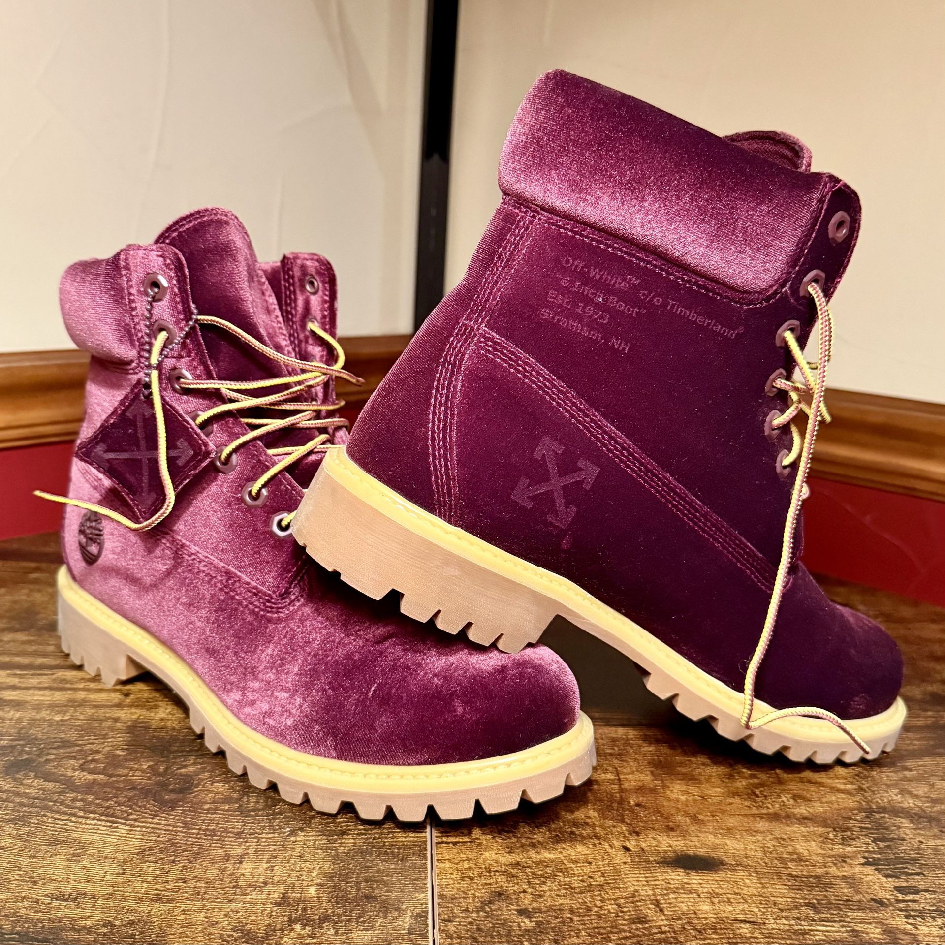 OFF-WHITE X TIMBERLAND Mens 9 Sample Pair In Rare “Dark Winetasting” Color- NEW