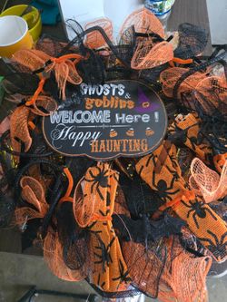 Halloween Deco Mesh Wreath with Sign GHOSTS & GOBLINS WELCOME HERE