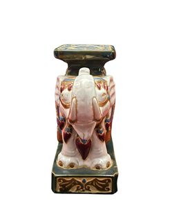 💕 Vintage NEW Small Asian Ceramic Glazed White, Green, Multicolored ELEPHANT Statue, Plant Stand, Bookend 💕 Thumbnail