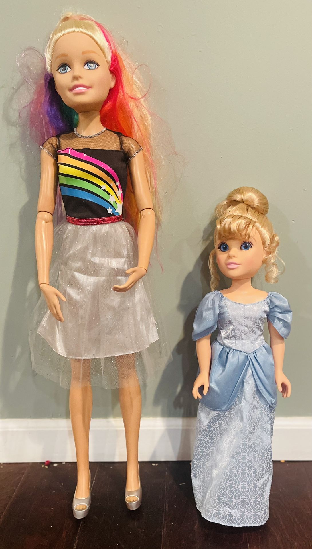 Girl’s 2 Pack Large Dolls: Sporty Barbie with Rainbow Hair & Blonde Princess in Light Blue Dress