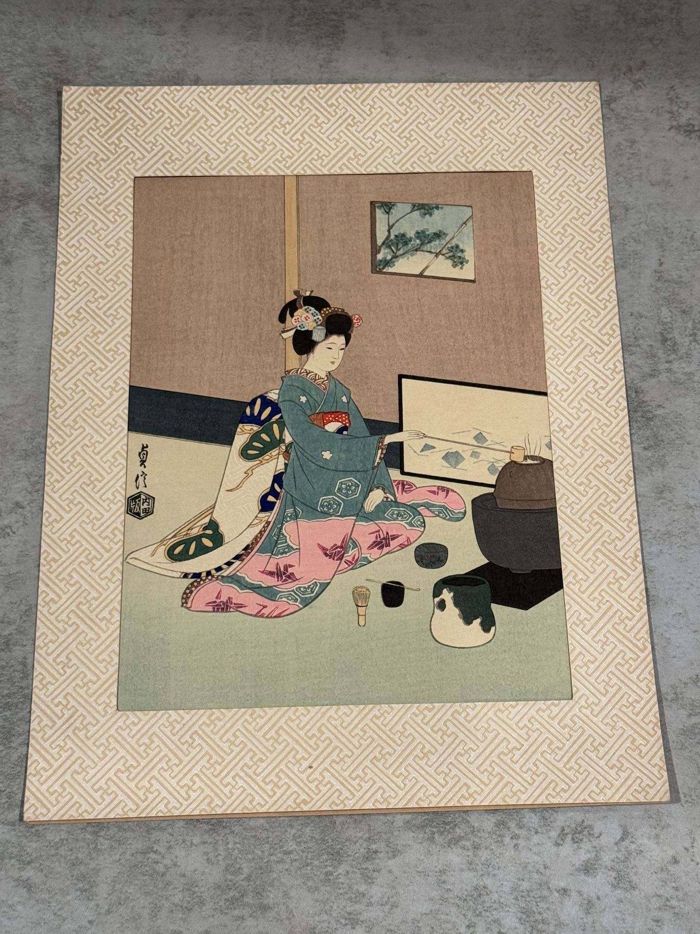 Japanese MCM Woodblock Print by Sadanobu Hasegawa III "Tea Ceremony”