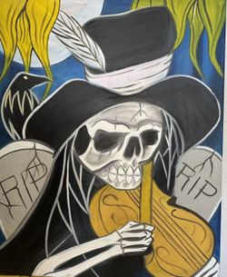 Original Hand-Painted Canvas – Skeleton Violinist Graveyard – 24" x 30"