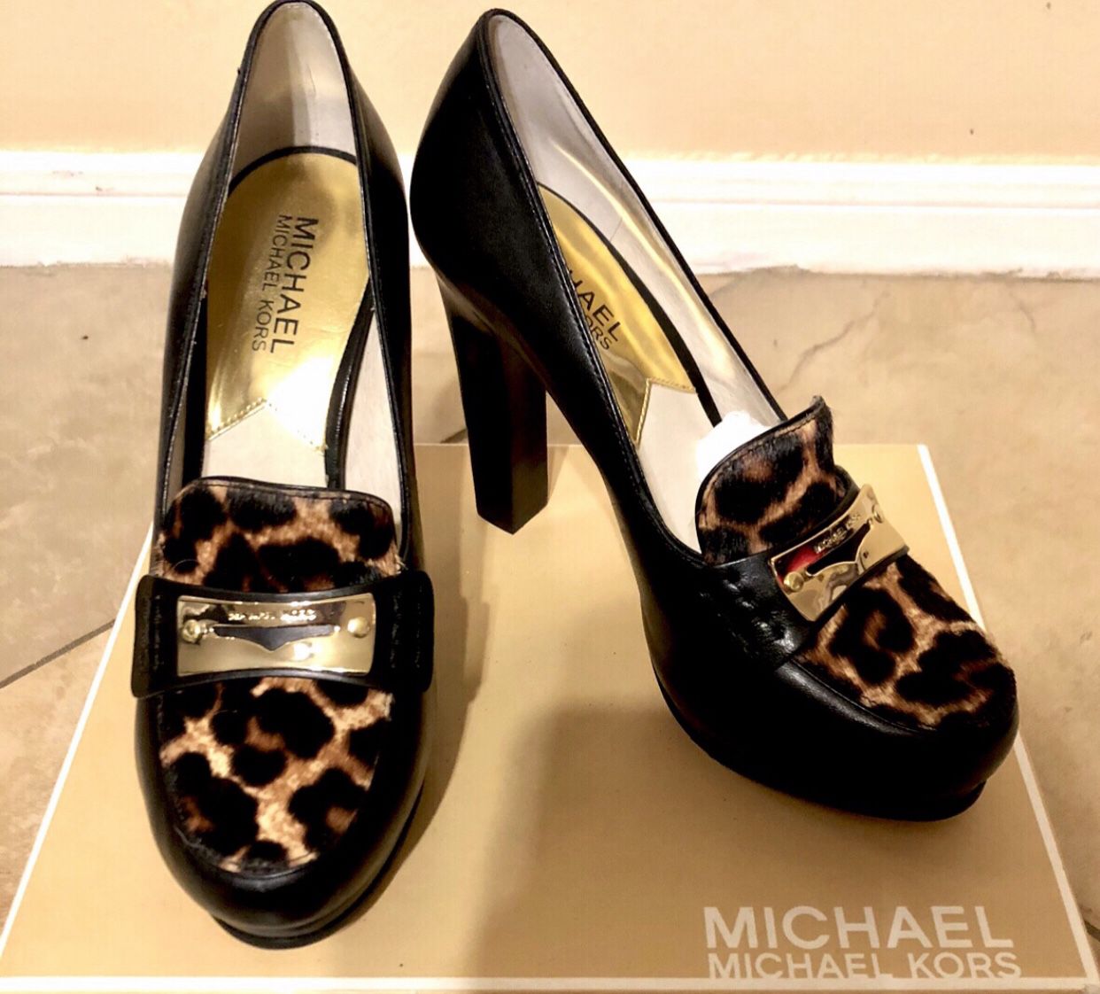 Micheal Kors Cheetach & Gold plate-penny loafer heels -NEW with Box Size 7-77064 zip code  