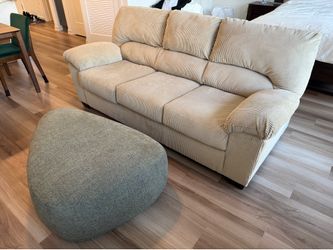 Beige Corduroy Sofa with Grey Ottoman