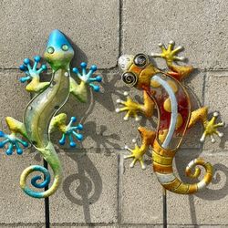 Lot of 2 Lizard GECKO Glass / Metal Posts Stakes GRADEN Yard Art