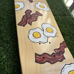Hand-Painted Skateboard Deck – Bacon & Eggs Breakfast Art – One of a Kind