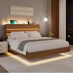 Floating Bed Frame King with Led Lights and Charging Station, Wood Full Size Bed Frame with Storage Headboard, Heavy Duty Metal Slats, No Box Spring N