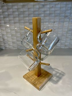 Wooden Mug Tree With 4 Glass Mugs