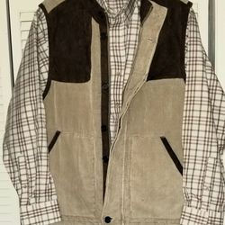 MADISON CREEK OUTFITTERS CAMEL/BROWN TRIM SUEDE LEATHER TRIM CORDUROY HUNTING / CASUAL MEN'S VEST in LARGE NWOT