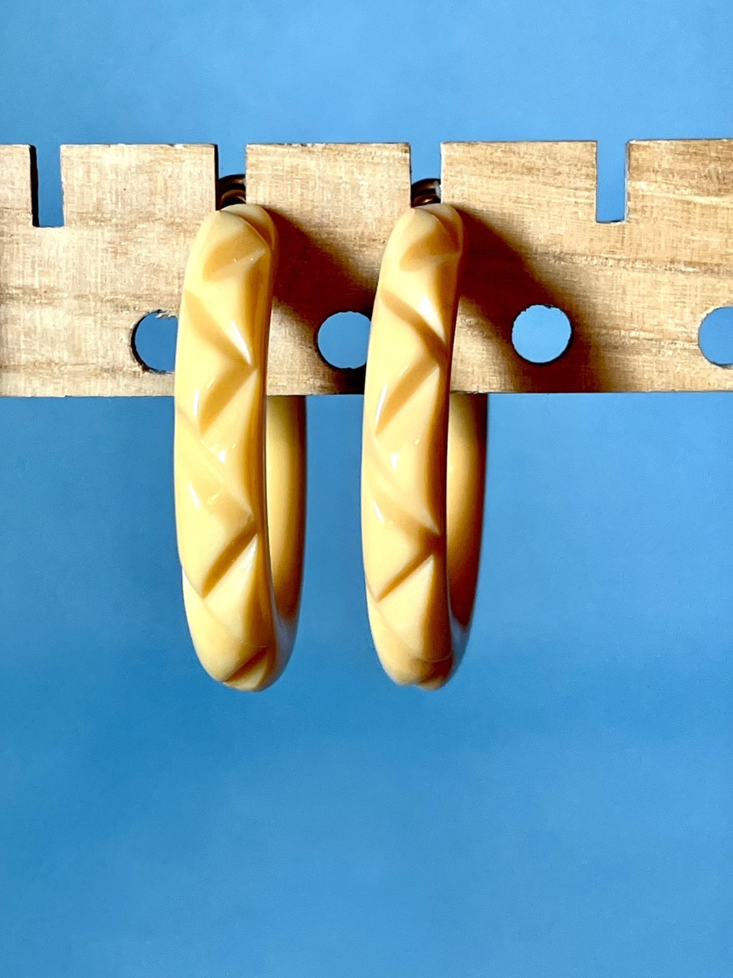 Vintage Carved Cream Corn Bakelite Hoops
