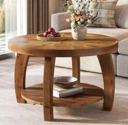 New assembled Solid Wood Round Coffee Table, 2-Tier Center Table with Storage, 31.5 Inch Wood Tabletop with Mosaic Pattern, Easy Assembly, for Living 