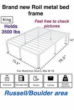 New Roil 14 Inch White King Bed Frame with Rounded Corner and Headboard Hole Mattress Retainers. Russell/Boulder area