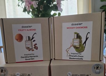 Two Dossier fruity almond inspired by Carolina Herrera's Good Girl and woody Oakmoss inspired by Channel Coco mademoiselle