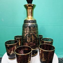  Vintage amethyst and gold Venetian Murano art glass decanter set. 