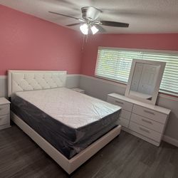 Full   Bedroom Set With Mattress 2 Nightstand Dresser And Mirror. All New Furniture And Free Delivery 