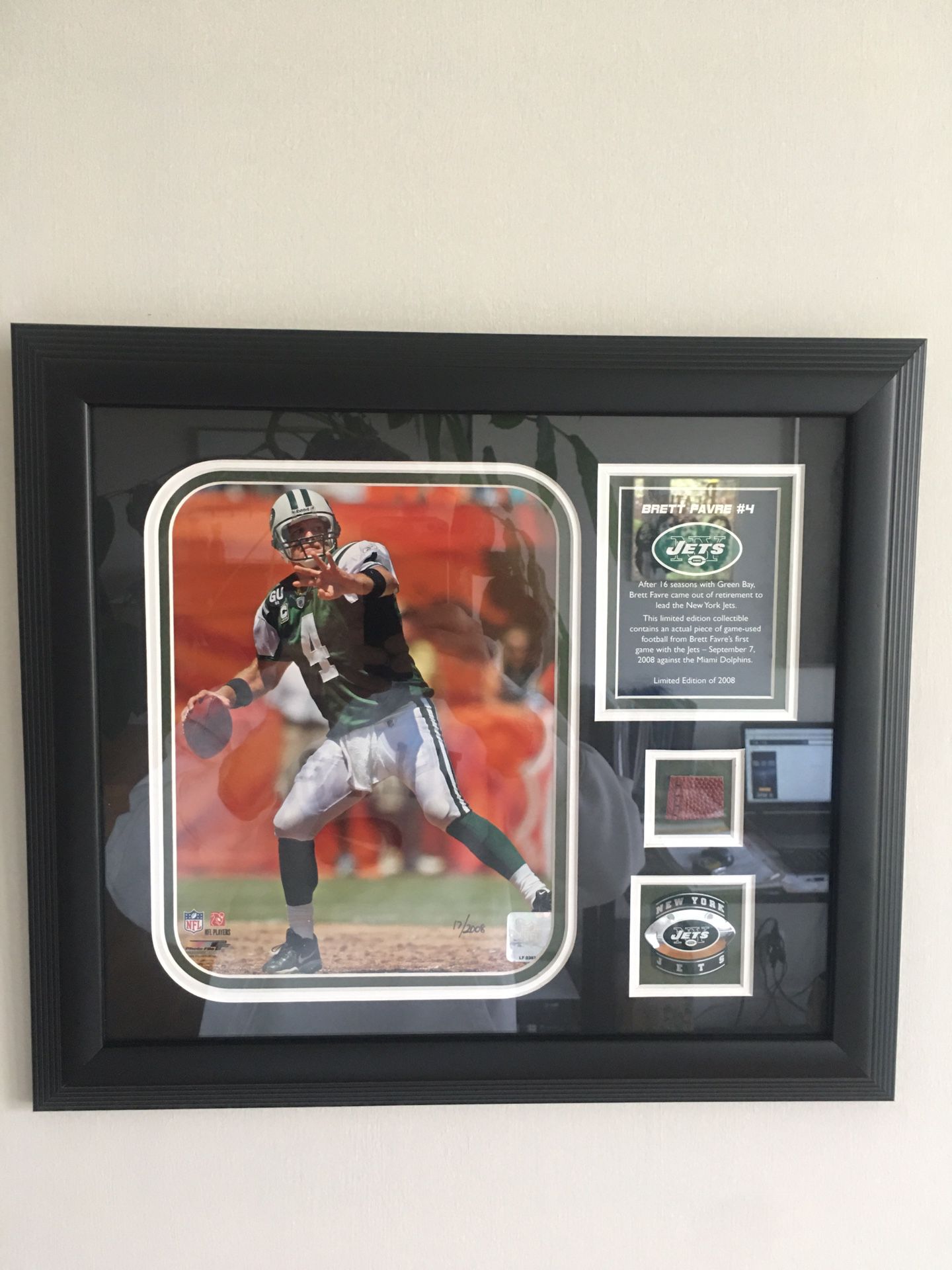 Brett Farve Game Used Piece Of Football From 1st Game W/ Jets. #17 Of 2,008. 15x17. Like New. 