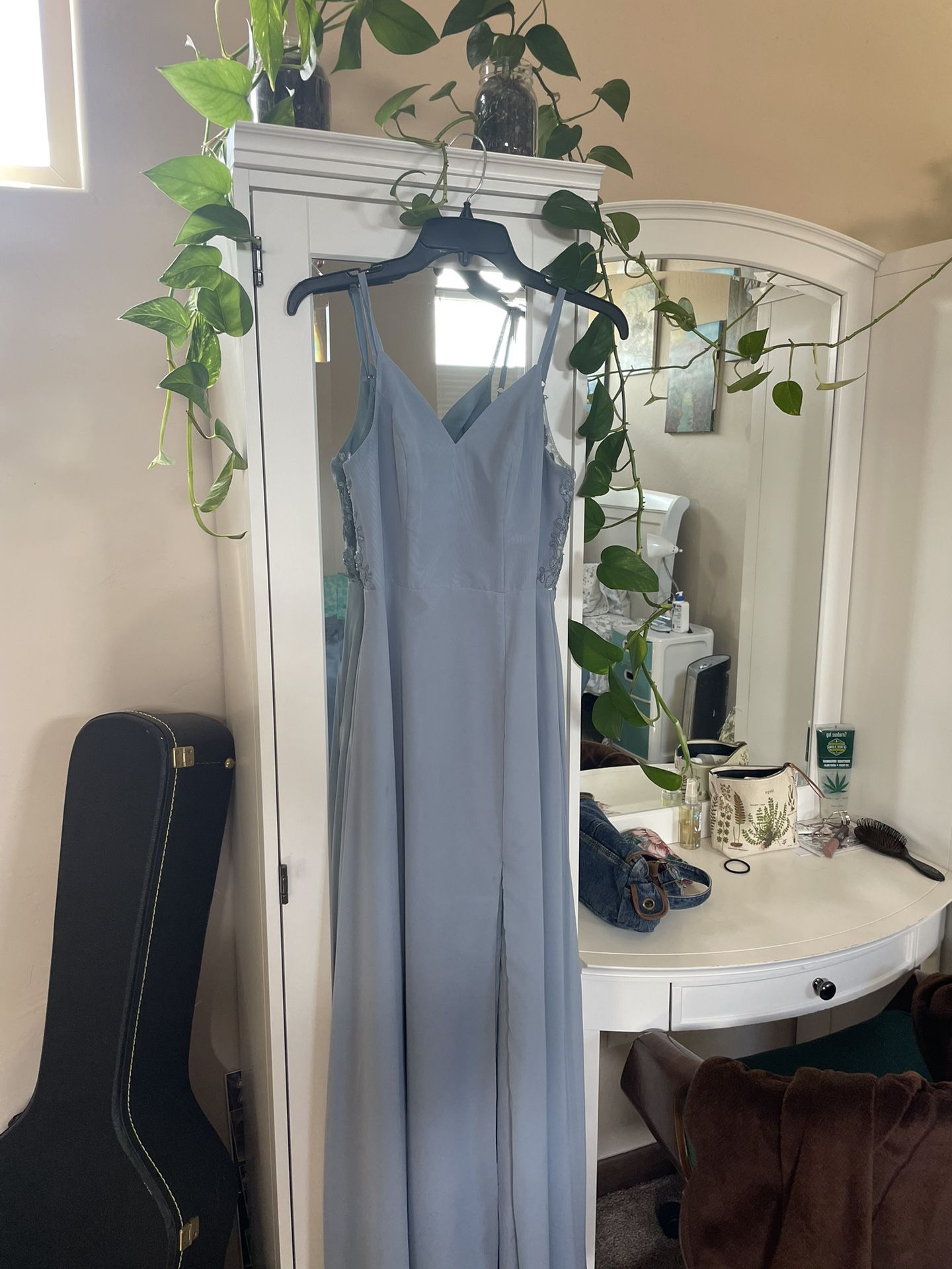 Bridesmaids, Floor Length Dusty Blue Dress 