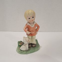 Vintage Ceramic Yellow Haired Boy With Cat Figurine ~ 4.75"×3"