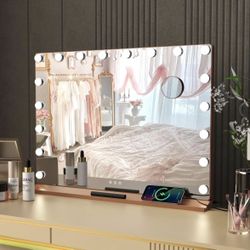 Vanity Mirror with Lights 32"X24" with 18 Hollywood Bulbs 3 Colors Setting, smart control usb (pink)