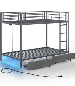 Metal Bunk Bed with Storage Drawers and LED Lights