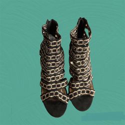 Liliana Black w Black/Gold Glitter Chains Design Stilettos Shoes Wm 8.5