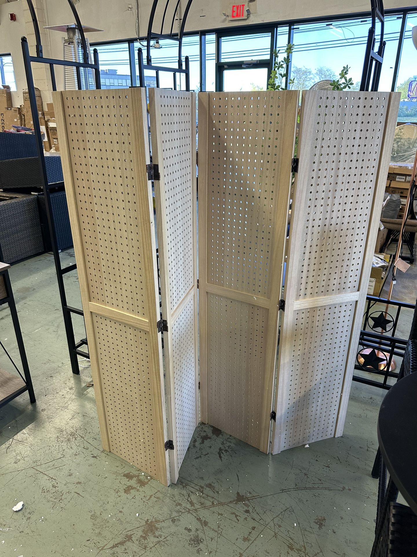 4 Panel Pegboard Display 5 Ft Folding Privacy Partition Wood Room Divider Portable Freestanding Display Board Organizer for Craft Show, Jewelry, Retai