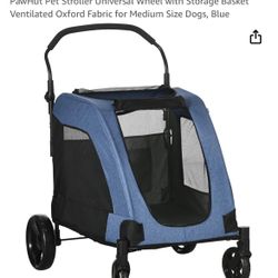 PawHut Pet Stroller w/Wheels Storage Basket Ventilated Oxford Fabric for Medium Size Dogs, Blue NEW