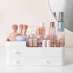 Makeup Organizer & Skincare Storage - Large Cosmetic Organizer with 3 Drawers, 8 Compartments Vanity Storage Box for Bathroom Counter, White