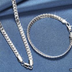 925 Stamped Sterling Sliver Chain Long 24 Inches And Bracelet 8 Inches