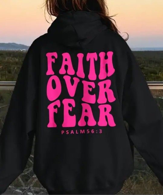 New, "FAITH over Fear" pink print black hoodie