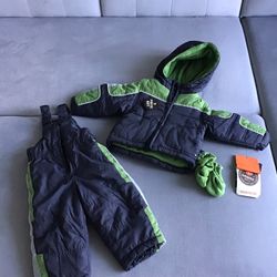 Baby snow winter jacket, snow pants bib, mittens - 12 months - new with tags