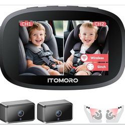Itomoro Wireless Dual Baby Car Camera for 2 Kids, 5'' Rechargeable Split Screen HD Display with 2 Cameras