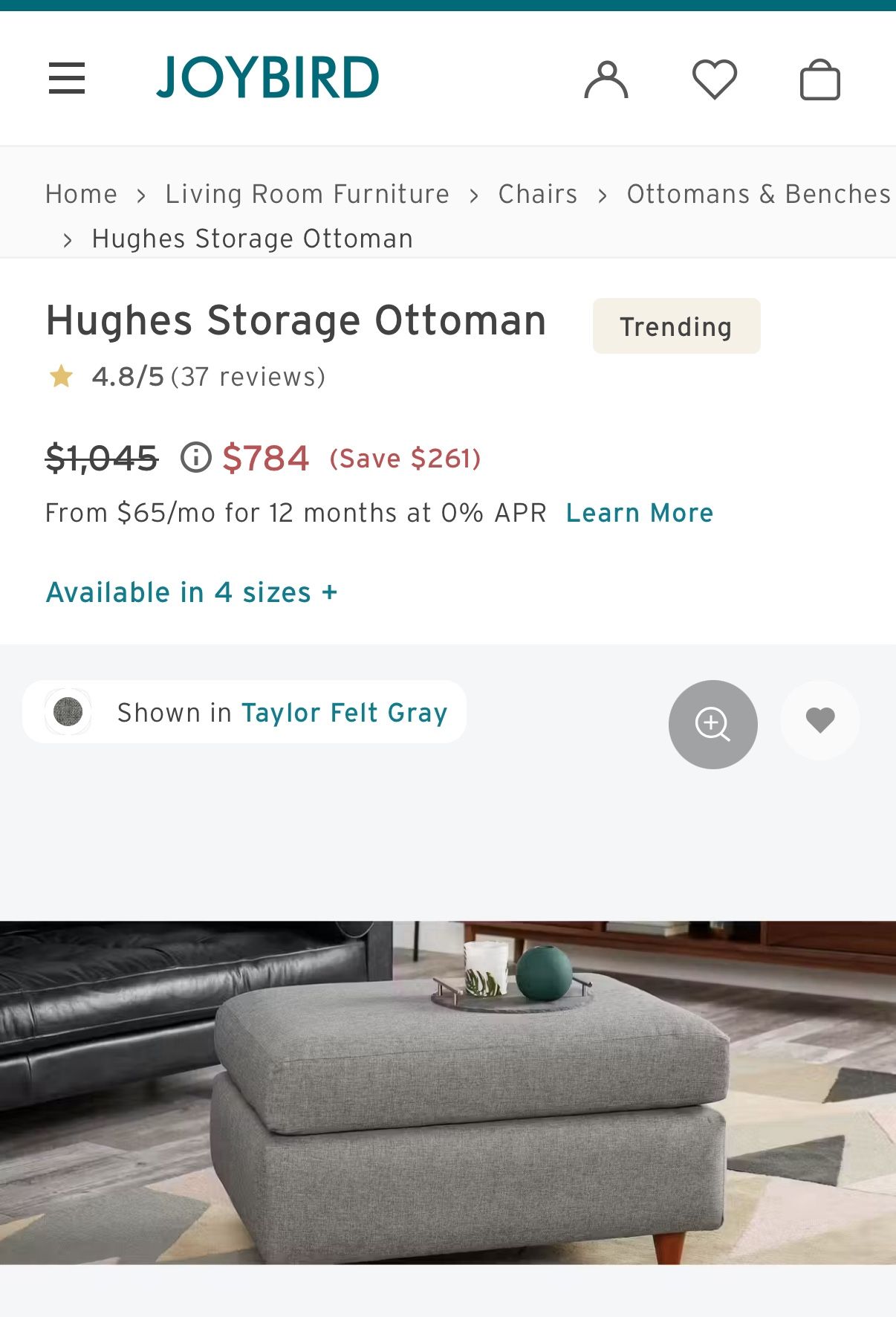 Joy Bird Hughes Storage Ottoman Grey 