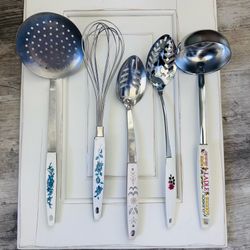 Lot of 5 vintage stainless steel kitchen utensils  Two slotted spoons  One whisk  One strainer  One ladle