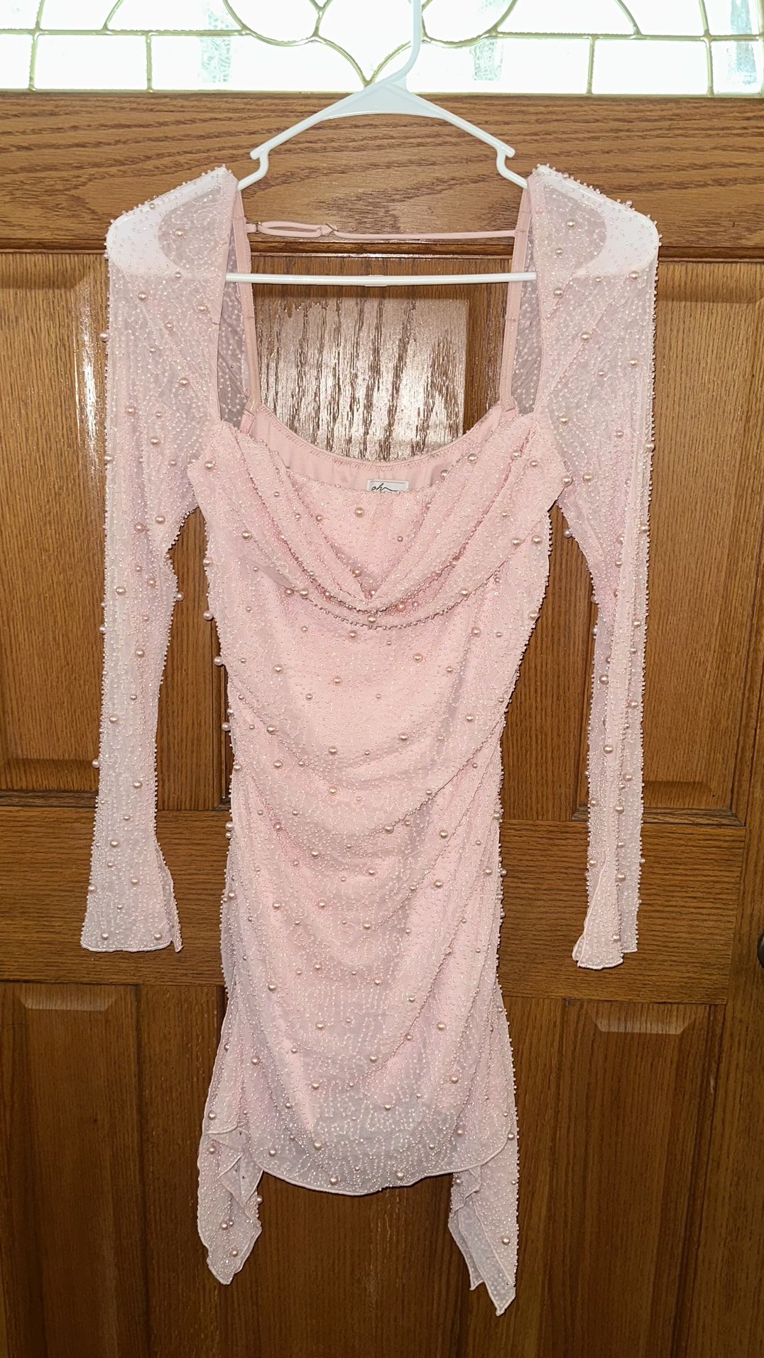 oh polly pink pearl dress Perla Embellished Corset Kaftan Mini Cut to a figure Pearl Mesh Midi Dress- Pearl