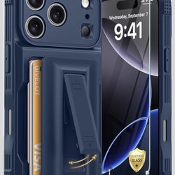 for iPhone 17 Pro Case with Card Holder（4-5 Cards）[9H Screen Protector ][Full Camera Protection][RFID Blocking][Hidden Kickstand] Rugged Heavy Duty Wa