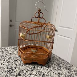 Vintage Chinese Bamboo Song Bird Handcrafted Cage Porcelain Feed Bowls Ornate