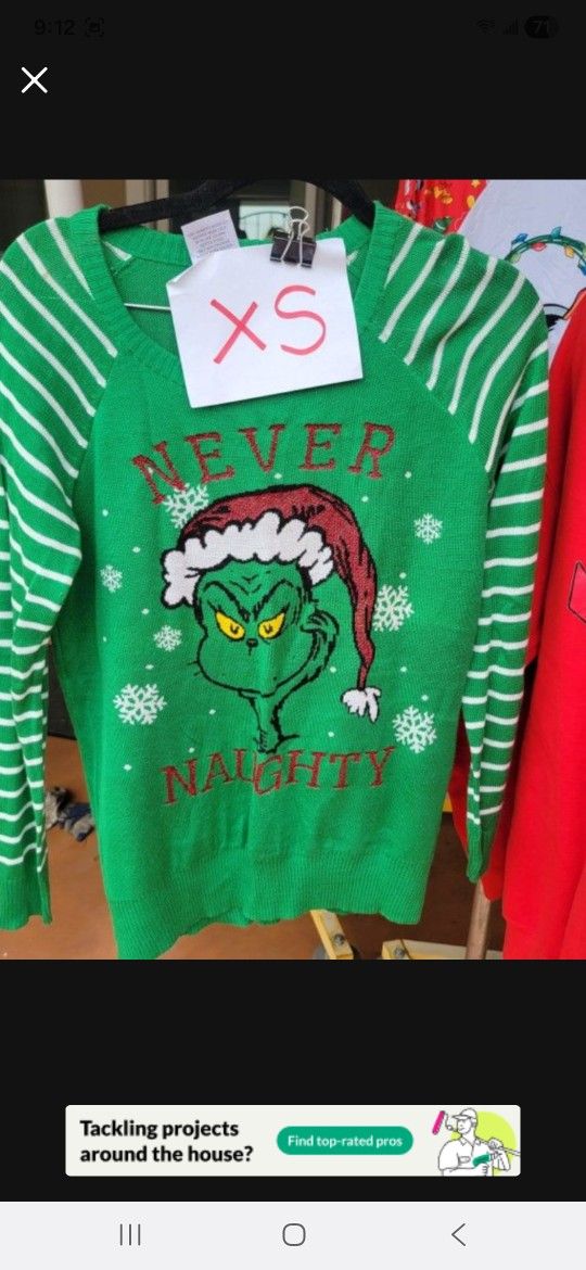 Adult XS Grinch Christmas Ugly Sweater