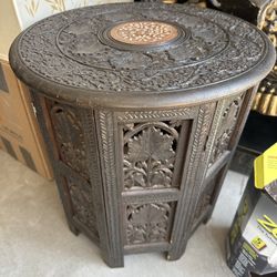 Rare Vintage Hand-Carved Folding Wooden Side Table – Inlaid Floral Design