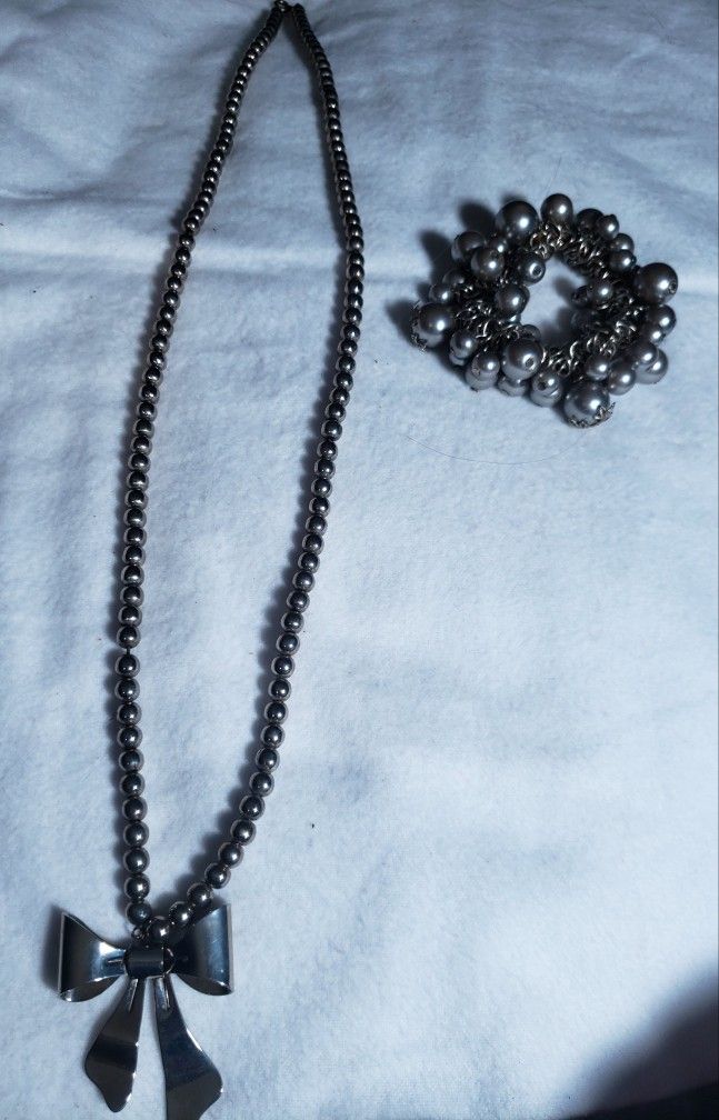 Beautiful Silver Colored Beaded Necklace W/ Bowtie Charm & Dangle Bracelet