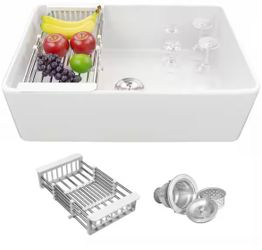 AKDY White Fireclay 30 in. Single Bowl Apron-Front Kitchen Sink with Basket Strainer=Pal-499