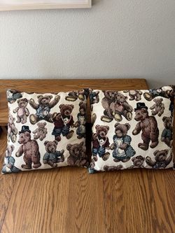 2  Tapestry Bear Pillows 16" square 