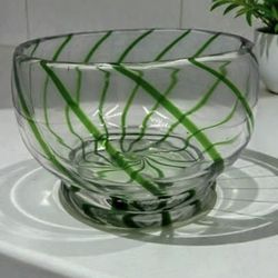 Green Swirl Art Glass Bowl 7” Hand Blown Decorative Fruit or Centerpiece