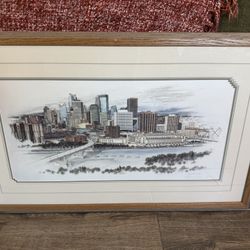 William Hosco Signed Minneapolis Skyline Print – 39.5” Framed Vintage Cityscape Art 
