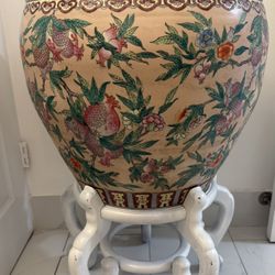 Pair of Antique Asian-Inspired Ceramic Planters with Stands